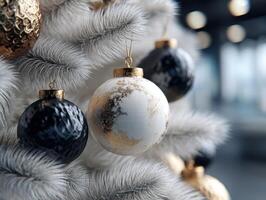 Elegant holiday ornament with white, gold, and black matte textures hangs on frosted pine branches, creating a luxurious festive atmosphere. Soft bokeh lights twinkle in the background photo