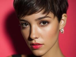 Short-haired woman with dark eyes and pink lips, wearing looped earrings. The close-up captures her expressive gaze with a focused light on her face against a blurred background photo