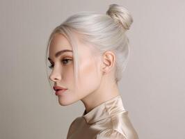Profile of a woman with platinum blonde hair in a bun, wearing a glossy satin top. The hairstyle and makeup highlight her features, giving an elegant and sophisticated look photo