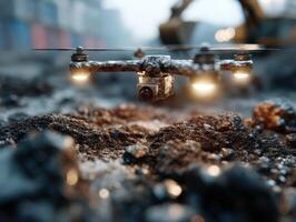Close-up of a small flying drone with four rotors and illuminated lights hovering over a gritty, rocky surface, with blurred background suggesting industrial mining environment photo