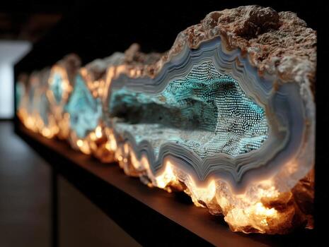 Close-up of illuminated geode section showing intricate blue and white layers with crystalline structure, mounted on display. The focus is on texture and detail of the stone photo