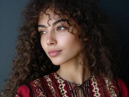 Curly-haired woman gazes right, wearing a maroon embroidered top with intricate patterns. Her expression is calm and contemplative, with soft lighting highlighting facial features photo