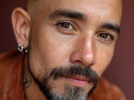 A close-up of a man with a shaved head and beard, wearing small hoop earrings, looking directly at the camera. His expression is thoughtful with slight stubble on his face photo