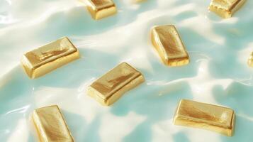 Floating golden bars on a soft, reflective creamy liquid surface, creating a luxurious and tranquil visual. The gold bars catch the light, casting soft shadows photo
