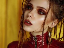 Close-up of a woman with bold makeup and striking gaze. She wears a red patent jacket, hoop earrings, and has dreadlocks, set against a yellow background, exuding confidence photo