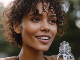 Smiling woman with curly hair holds a clear bottle, showcasing natural beauty and vibrant skin. Close-up portrait, soft bokeh effect in the background highlights her joyful expression photo