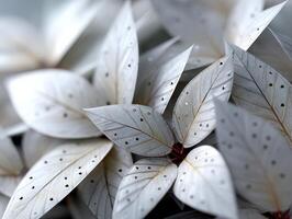 Intricate close-up of overlapping white leaves with detailed veining and uniform perforations, forming an elegant pattern. The composition highlights the texture and delicate structure photo