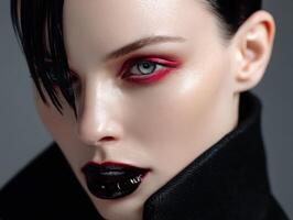 Close-up of a person with striking makeup featuring bold red eyeshadow and glossy black lipstick, wearing a dark high-collared jacket, and wet-styled hair photo
