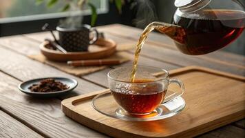 Pouring Tea into Glassware on Wooden Surface photo