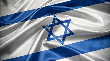 Waving Israel flag in smooth shiny fabric blue and white with Star of David in high quality 3D photo