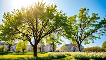 The sun shines through the trees in front of a building photo