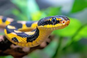 Mangrove snake crawling on branch with green blurred background photo