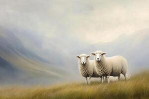Two sheep standing in a field with mountains and fog in the background photo