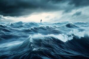 Lighthouse guiding ships through stormy sea with dramatic sky photo