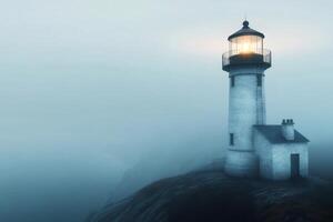 Lighthouse illuminating the dense fog on a cliff at dusk photo