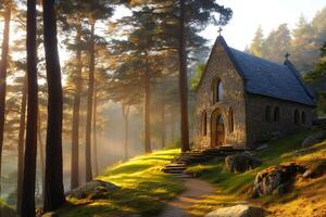 Sunbeams illuminating a picturesque stone chapel in a tranquil forest at sunrise photo