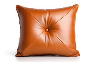 Brown leather cushion with button resting on white background photo