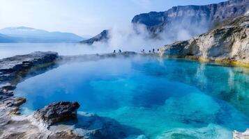 Tourists relaxing in the steaming hot spring of Mendeleev Volcano, Kunashir Island photo