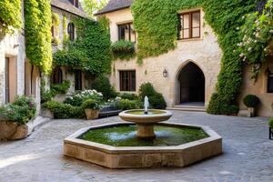 Charming fountain refreshing the courtyard of a historic building covered in ivy photo