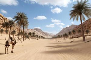 Dromedary camel standing in a desert oasis with palm trees and mountains photo