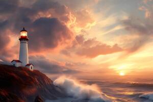 Lighthouse shining bright during an ocean storm at sunset photo