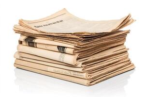 Stack of old newspapers creating a large pile of information photo