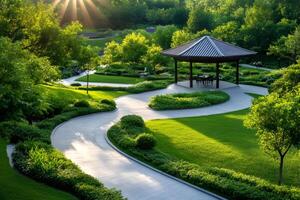 Winding paths leading to gazebo in lush green park during sunny day photo
