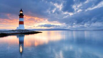Lighthouse reflecting in calm water at sunset photo