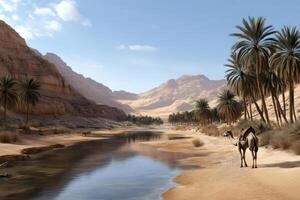 Camel resting near oasis in a desert canyon with a river flowing photo