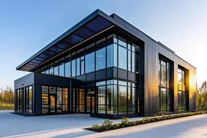 Modern office building with solar panels at sunset showcasing sustainable architecture photo