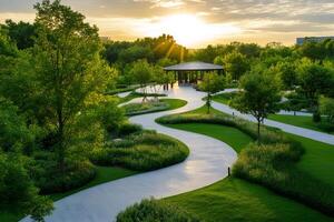 Winding path leading to pavilion in lush green park at sunset photo