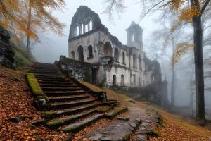 Mossy stairs leading to abandoned castle in misty autumn forest photo