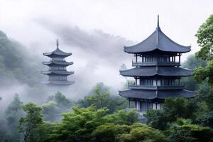 Fog surrounding traditional chinese pagodas in a misty forest landscape photo