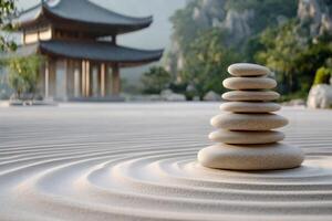 Zen garden with stacked stones and blurred pagoda in background photo