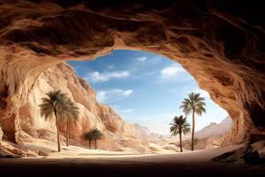 Discovering a desert oasis from inside a cave during a sunny day photo