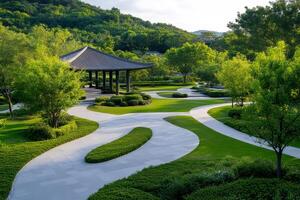 Serene landscape design showcasing winding pathways amidst vibrant greenery and a peaceful pavilion photo