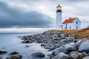 Pemaquid Point Light illuminating the rocky coast of Maine at dusk photo