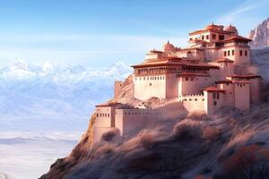 Imposing medieval fortress standing on a steep cliff overlooking a vast desert landscape photo