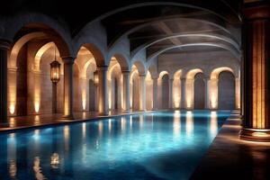 Ancient roman bath with columns and blue water reflecting warm lights photo