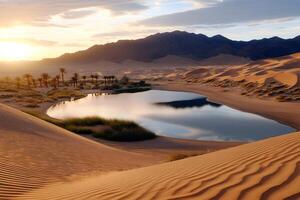 Sunrise illuminating desert oasis with palm trees and mountains in background photo