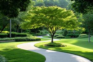Winding path through lush green park with vibrant trees in summer photo