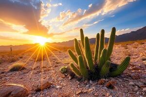 Organ pipe cactus growing in the desert during a beautiful sunset photo