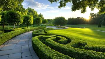 Stone path winding through a meticulously manicured topiary garden at sunset photo