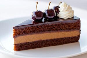 Chocolate cake slice with cherries and whipped cream resting on white plate photo
