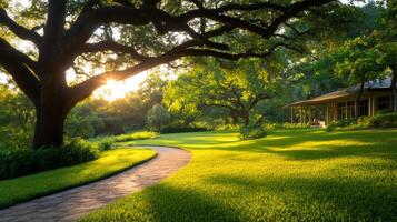 Serene Garden Pathway Under Majestic Oak Trees photo