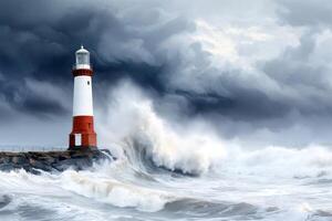 Lighthouse resisting a big ocean wave during a storm with dark clouds photo