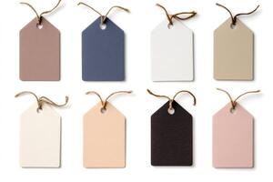Eight colorful blank tags hanging with string on white background photo