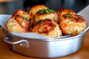 Delicious fried cauliflower bites garnished with parsley resting in metal pan photo