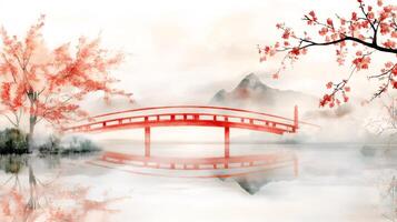 Red wooden bridge reflecting on water with blooming sakura trees and misty mountains in background photo