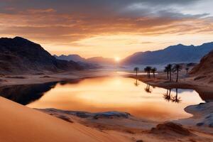 Golden sunrise reflecting on tranquil desert oasis lake with palm trees and mountains photo